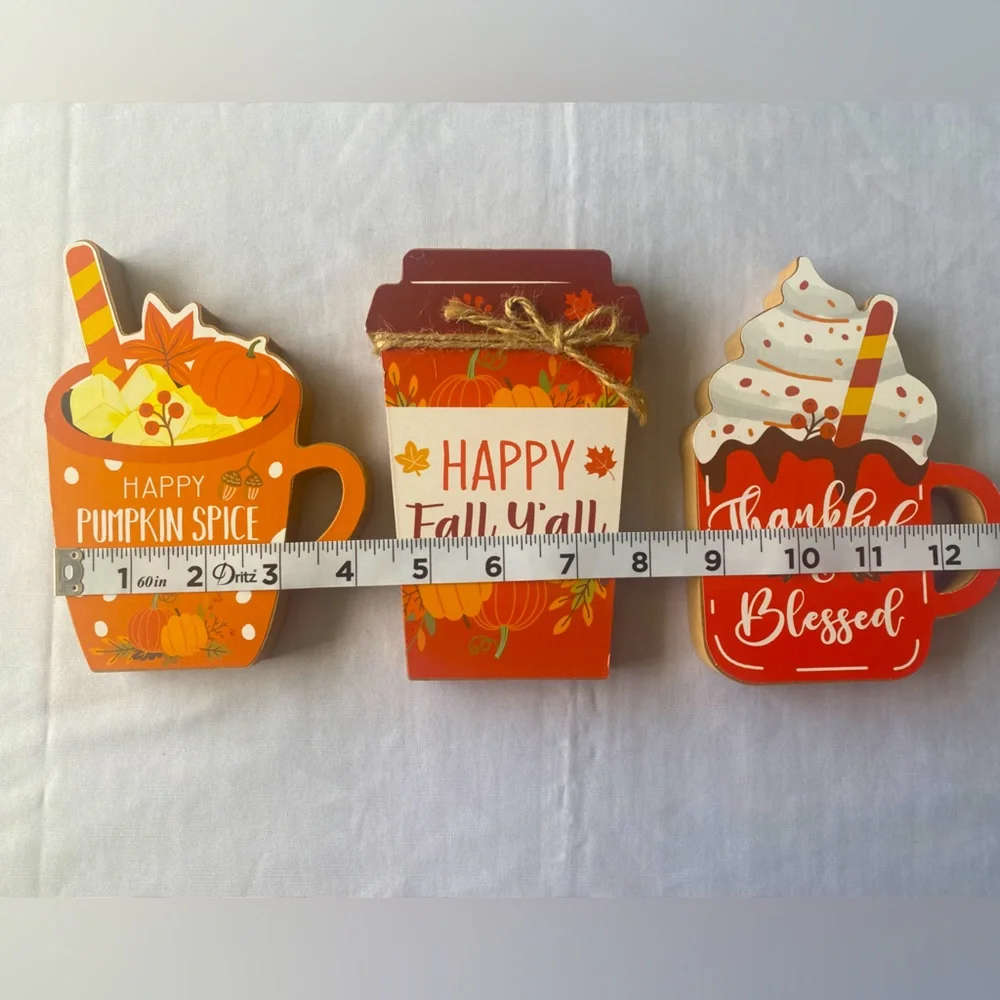 3Pcs Fall Season Chunky‎ Wood Decor Coffee Mugs Happy Pumpkin Spice Season Happy